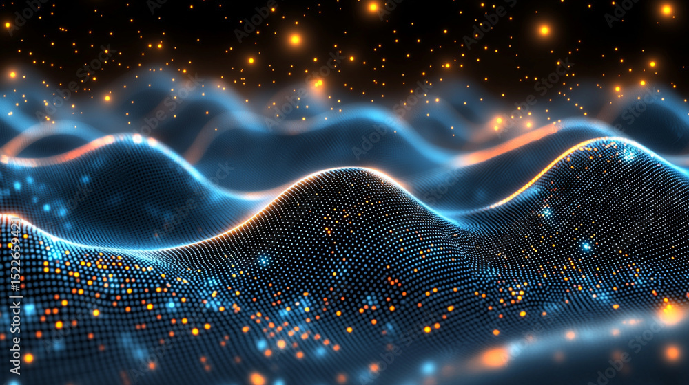 Poster abstract digital landscape with glowing particles and wavy lines in a dark background