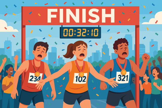 Runners celebrate at the finish line of a city marathon during a sunny day in a festive atmosphere with cheering crowds