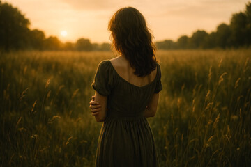Woman standing in field during golden hour, facing sunset with arms folded gently. generative AI
