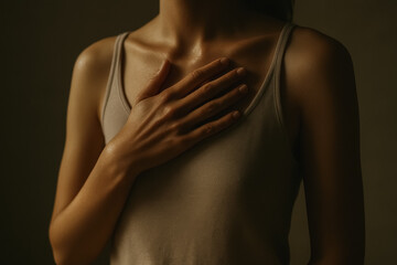Fototapeta premium Close-up of hand over heart on woman's chest in emotional moment, generative AI