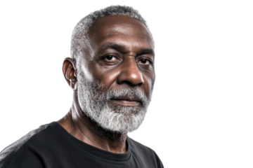 Elderly african male with gray beard and thoughtful expression, cut out