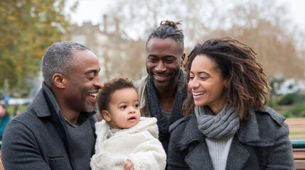 A diverse LGBT family with two fathers playing with their children in a park. Lesbian couple friends generation z.
