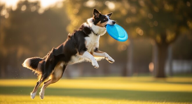 Border Collie dog in mid air catching a blue frisbee during an outdoor play session