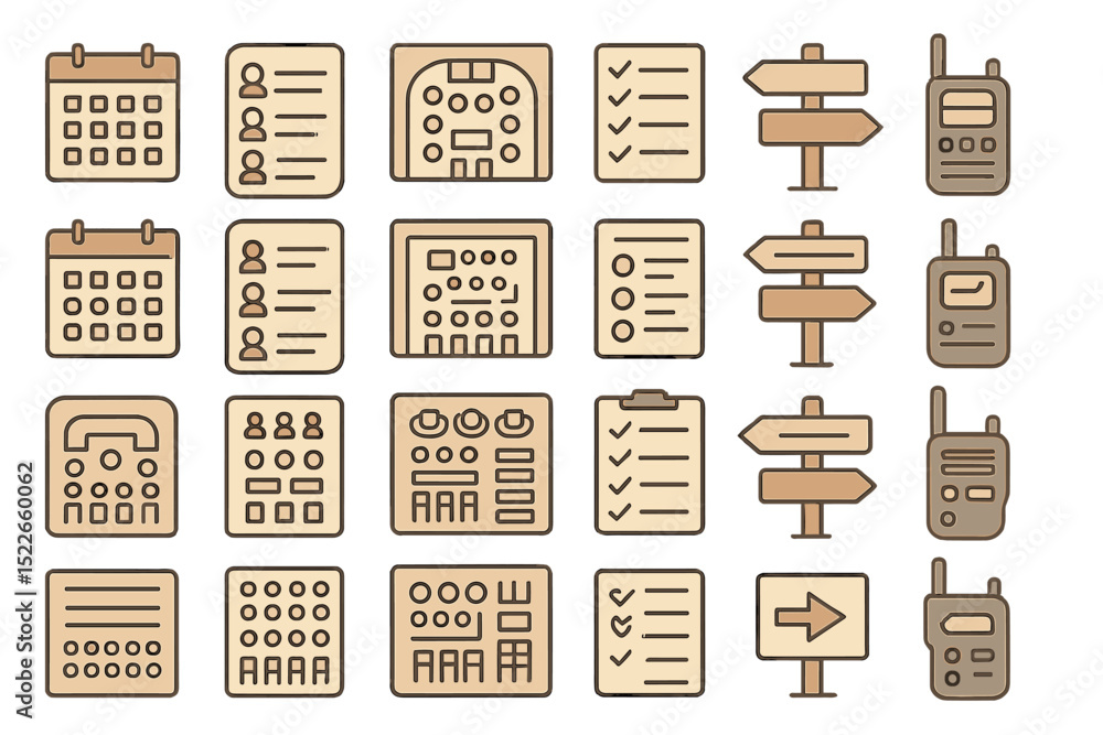 Poster communication and scheduling icons set featuring various symbols for time management and direction