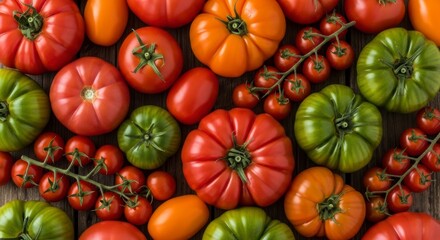 Colorful Assortment of Fresh Heirloom and Cherry Tomatoes on a Rustic Wooden Surface