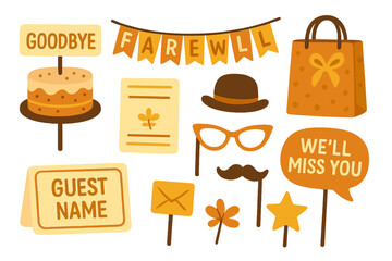 Farewell celebration decorations featuring a cake, banners, and various themed items for guests