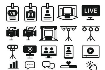 Icons representing virtual reality, video production, and live streaming activities in a modern digital environment