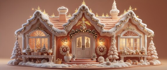 Fototapeta premium A delightful house showcasing a minimalist Christmas theme, adorned with snow, twinkling lights, and tasteful ornaments. Surrounded by a serene winter landscape, it evokes warmth and holiday cheer