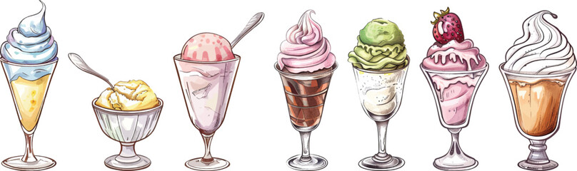 Ice Cream Sundaes Vector Illustration, Desserts Isolated on White Background.