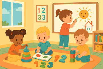 Children learning numbers and drawing in a preschool classroom