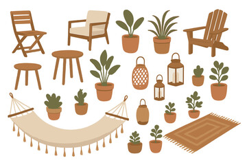 Cozy outdoor furniture and decor, including chairs, hammock, plants, and lanterns.