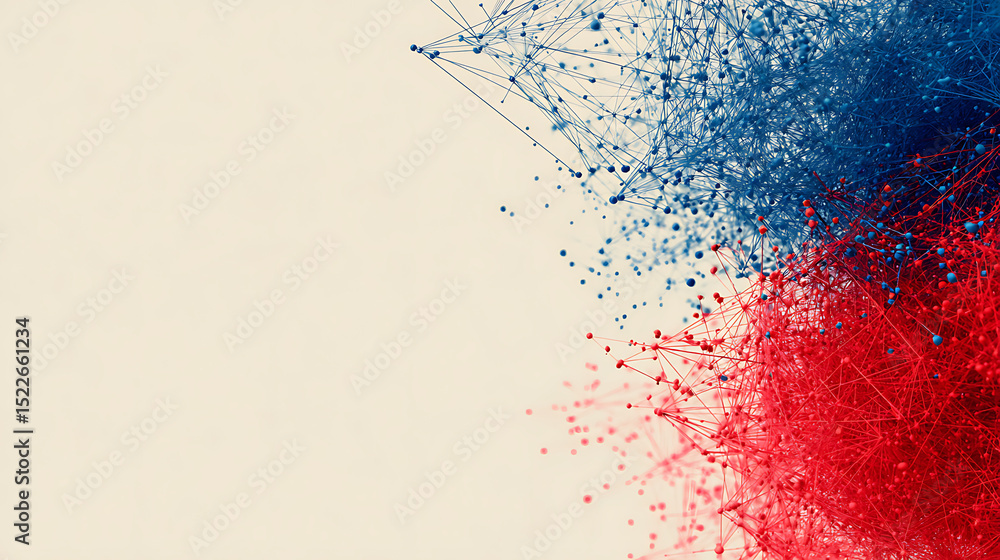 Fototapete chaotic abstract linear geometry with intersecting blue and red lines over clean white background in