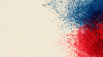 Chaotic abstract linear geometry with intersecting blue and red lines over clean white background in flat 2D style. Dynamic mathematical structure suitable for modern poster or creative layout design.