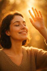 happy Woman smiling with closed eyes in golden sunlight feeling peaceful and content. generative AI
