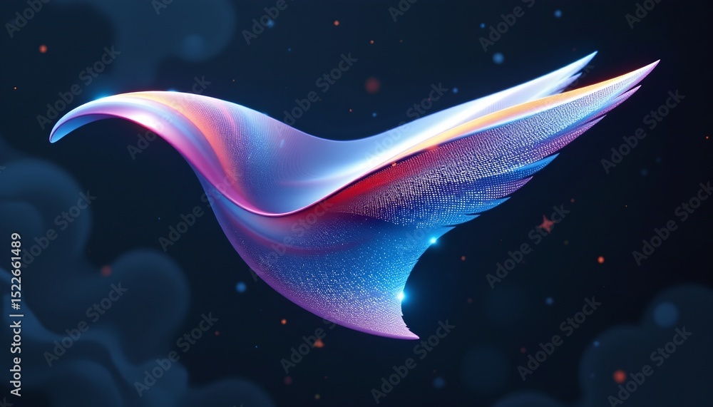 Poster stylized, simple flying object with smooth curves and subtle color gradients