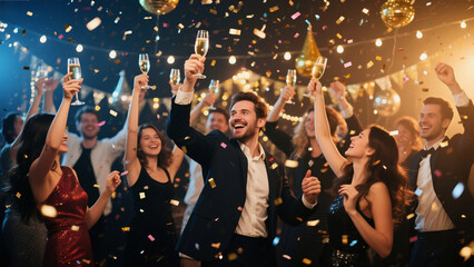 New Year’s Eve party with people dancing, confetti falling