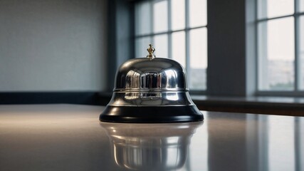 Shiny Silver Service Bell on a Polished Wooden Surface in a Classic Hotel Reception Setting
