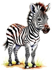 Fototapeta premium cute little zebra watercolor on white background.