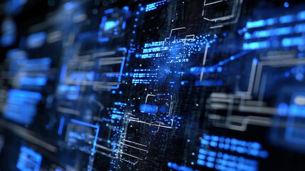 Abstract digital network with glowing blue lights and circuit board design