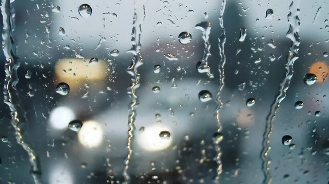 Rain Drops on Window Glass with Blurred Urban City Lights in Background