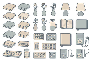 Collection of senior lifestyle icons with soft muted tones
