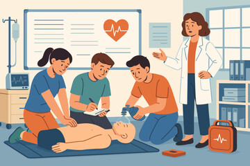 CPR training illustration with instructor and medical students
