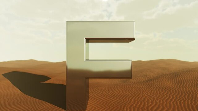 Metallic typographic letter f spinning slowly across sandy desert landscape, casting elongated shadow and revealing sleek chrome surface with high definition precision