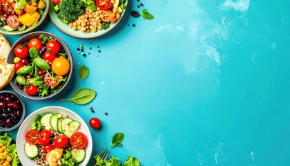 Colorful bowls of salads and ingredients on a vibrant teal background