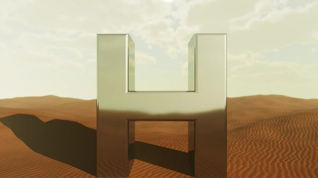 Metallic letter h standing in the middle of a desert, camera zooming in until it almost touches the object, with its shadow projected on the sand