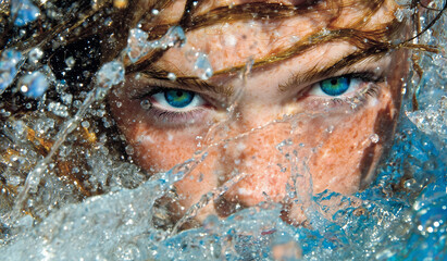 Immersive close-up of person with blue eyes through water – intense summer beauty with freckles.