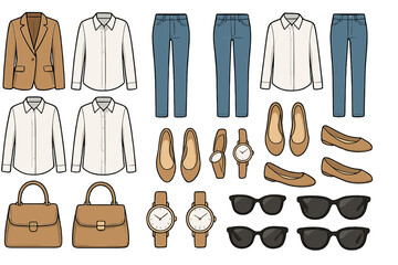 Fashionable outfit combination ideas for casual and formal occasions featuring various clothing items and accessories