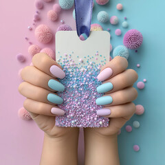Female hands with pastel manicure holding beaded card  tag. Feminine nail art and creative tag design.