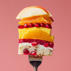 Layered fresh summer fruit slices on a fork – summer dessert food concept on pink background.