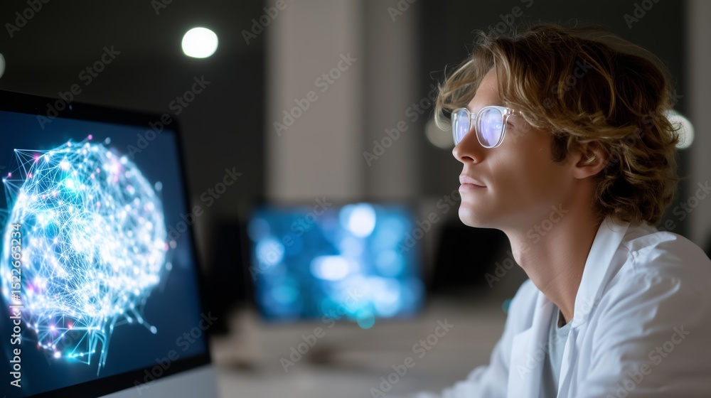 Poster young researcher analyzes complex data on computer screen in modern laboratory setting at night