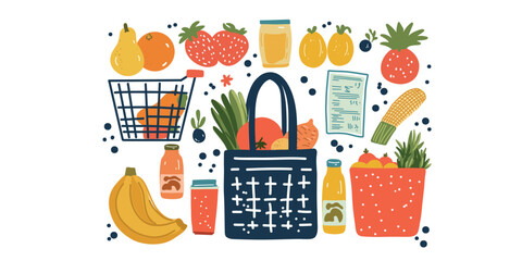  fruits, drinks and packages,  groceries in a basket – minimalist style