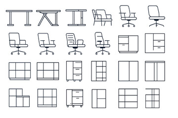 Modern office furniture design ideas featuring various desks, chairs, and storage units for stylish workspaces