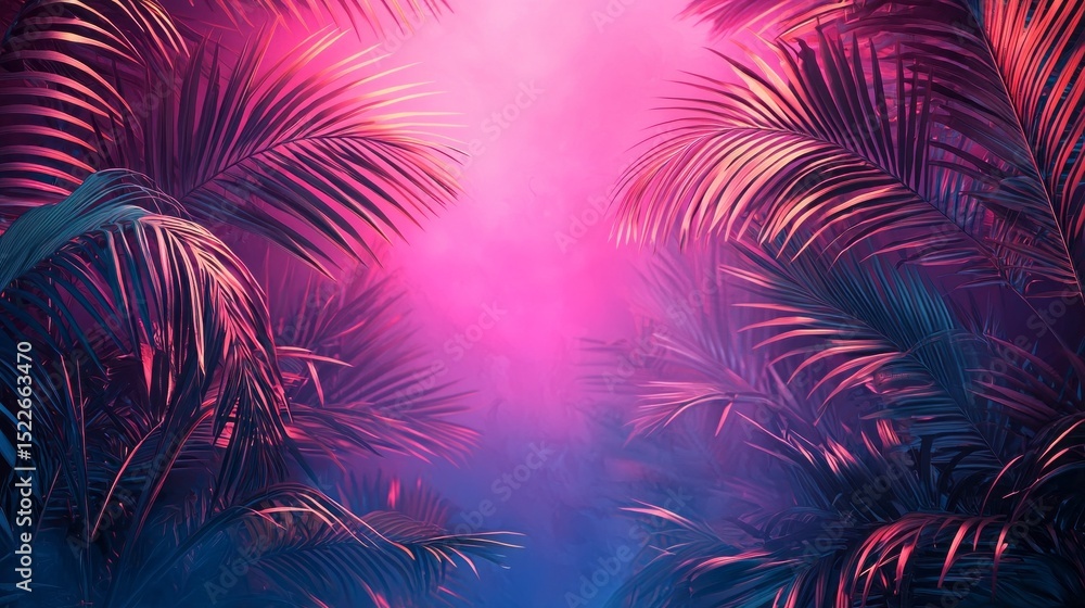 Poster vibrant tropical palm leaves creating a lush backdrop with bold colors and soft mist