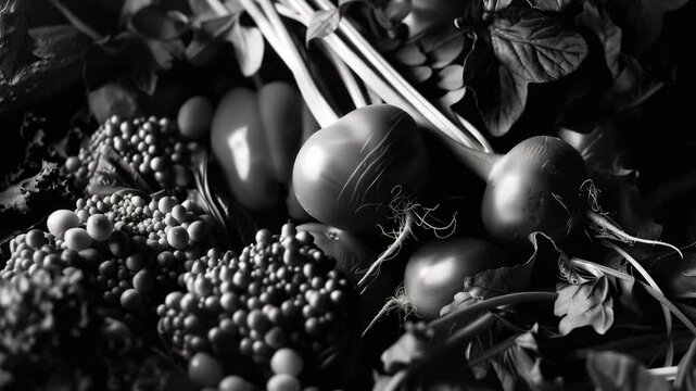 Fresh produce from a garden, including tomatoes, garlic and other vegetables arranged artistically on a black background.