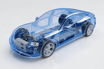 Ultra quality image of in a transparent blue hue, the electric car is made of glass material and has an open battery cell frame with a white background. The entire vehicle structure.