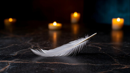 White feather resting gently on black marble surface surrounded by soft candlelight evokes themes of peace, hope, and transcendence in a serene setting