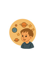 child with imagined universe, interest in astronomy and planets