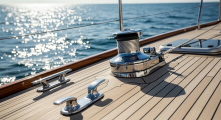 Polished Wooden Deck and Chrome Fittings on a Luxury Sailing Yacht with Sparkling Ocean