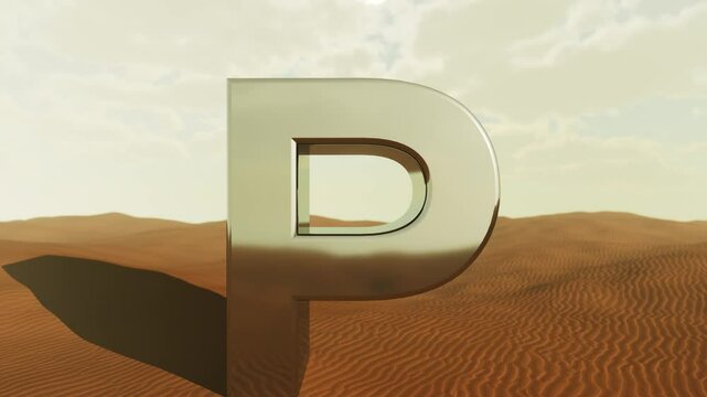 Metallic uppercase letter p rising from sandy desert terrain, gradually zooming closer to expose hollow metallic structure beneath overcast cloudy sky, revealing minimalist graphic design element