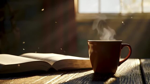 Cozy Morning with Hot Coffee and Open Book by Window in Warm Sunlight