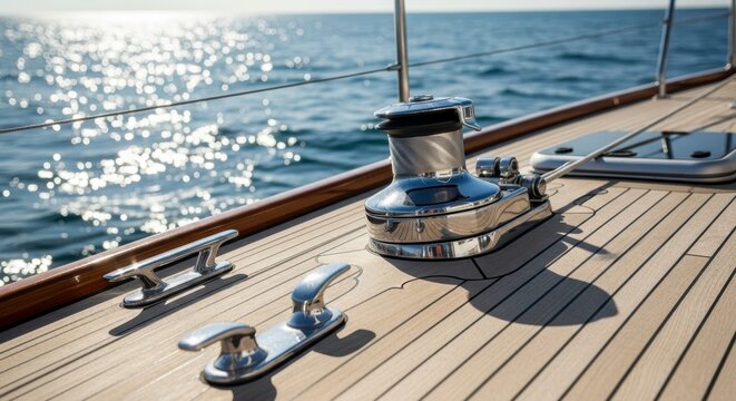 Fototapeta Polished Wooden Deck and Chrome Fittings on a Luxury Sailing Yacht with Sparkling Ocean
