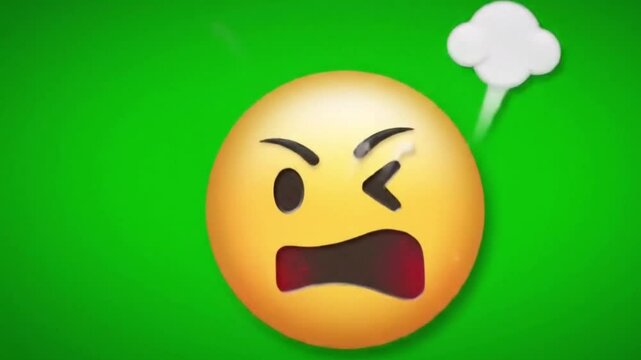 A flustered yellow emoji with steam coming from its head, isolated on a green background