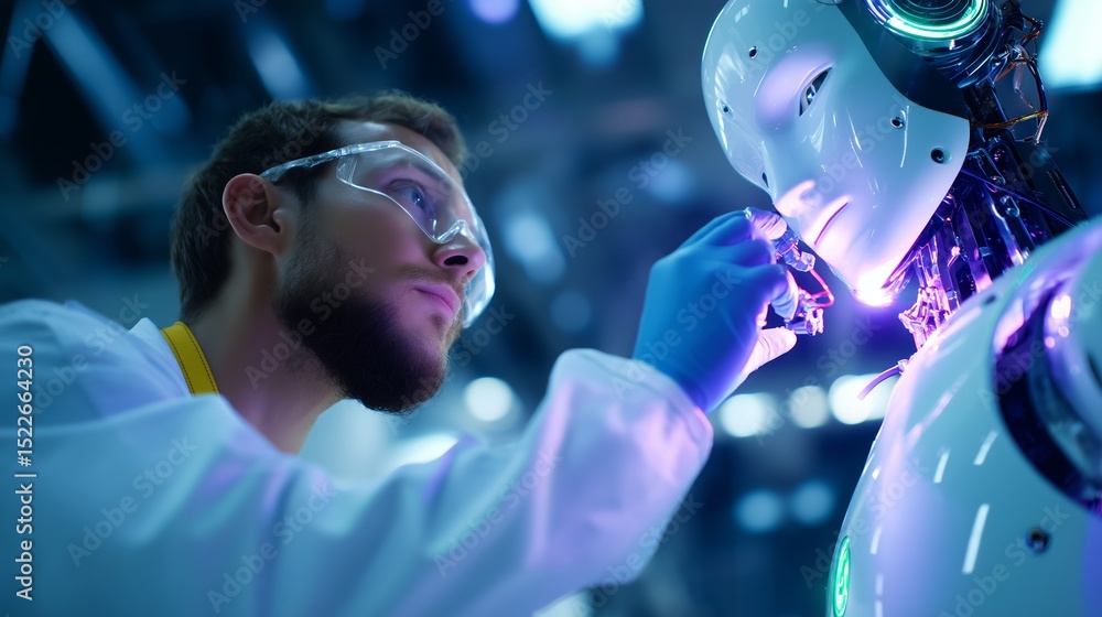 Poster engineer performs maintenance on an advanced humanoid robot in a high-tech laboratory environment