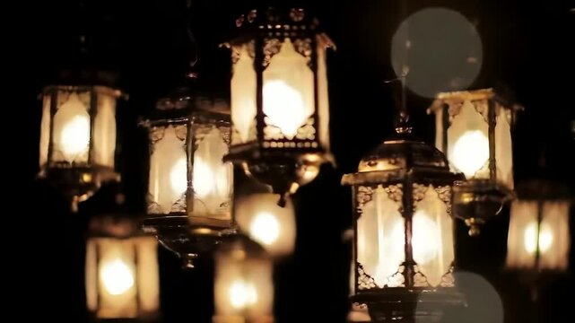 Glowing Vintage Lanterns Hanging at Night in Warm Decorative Ambience