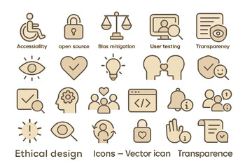 Fototapeta premium Icons representing ethical design principles and user-centered practices in a digital context for accessibility and transparency
