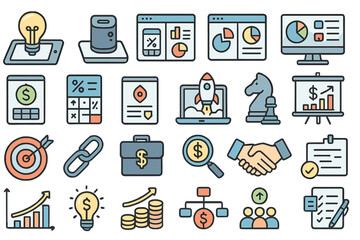 Variety of business and finance icons depicting analysis, strategy, and technology in a modern setting